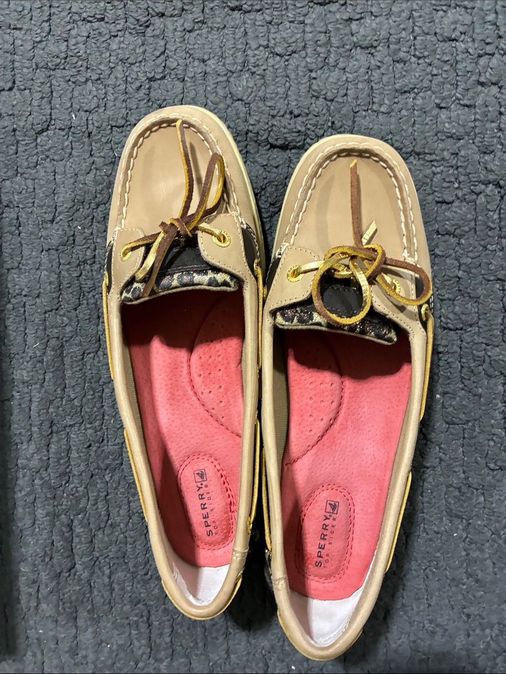 Sperry Tan Leather Boat Shoes with Pink Insoles and Leopard Trim